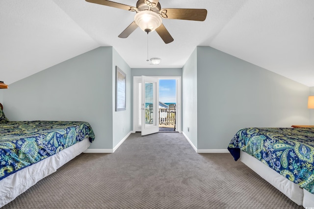 bedroom with access to exterior, carpet flooring, vaulted ceiling, and baseboards