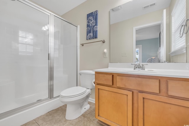 bathroom with visible vents, toilet, a shower stall, vanity, and tile patterned flooring