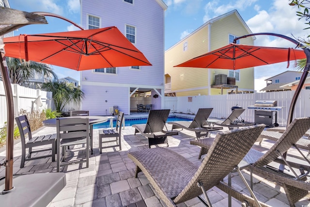 view of patio with area for grilling, a fenced backyard, and a fenced in pool