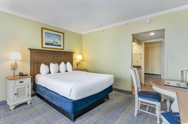 bedroom featuring a textured ceiling, baseboards, and crown molding