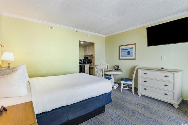 bedroom featuring ornamental molding, a textured ceiling, and light colored carpet