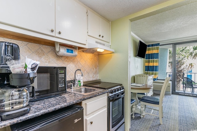 kitchen featuring black microwave, dishwashing machine, under cabinet range hood, white cabinets, and electric range oven