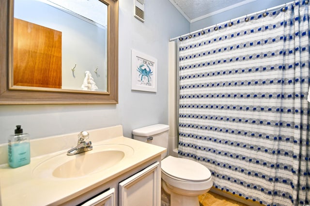 bathroom with visible vents, a shower with shower curtain, toilet, a textured ceiling, and vanity