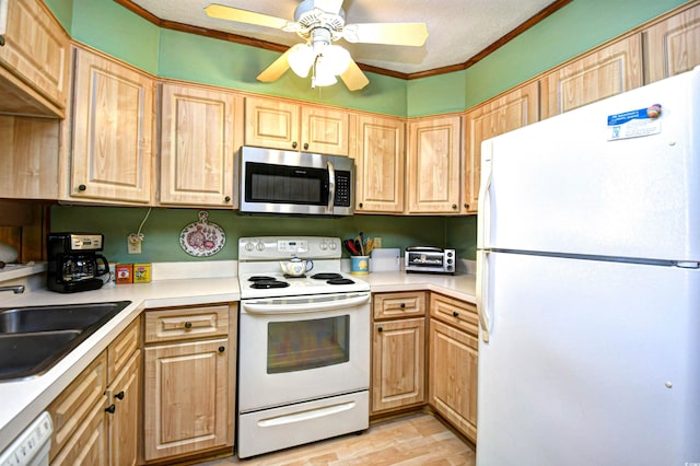 kitchen with white appliances, crown molding, a sink, and light brown cabinetry