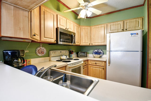 kitchen with light countertops, light brown cabinetry, ornamental molding, a ceiling fan, and white appliances