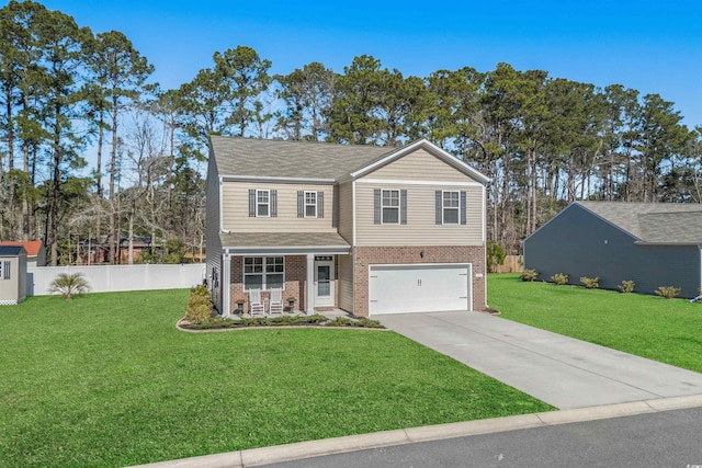55 Porch Ln, Pawleys Island, SC 29585 - view of front of home featuring brick siding, an attached garage, driveway, and a porch