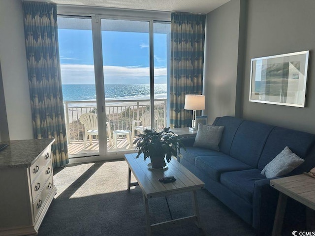 living room featuring a water view and carpet flooring