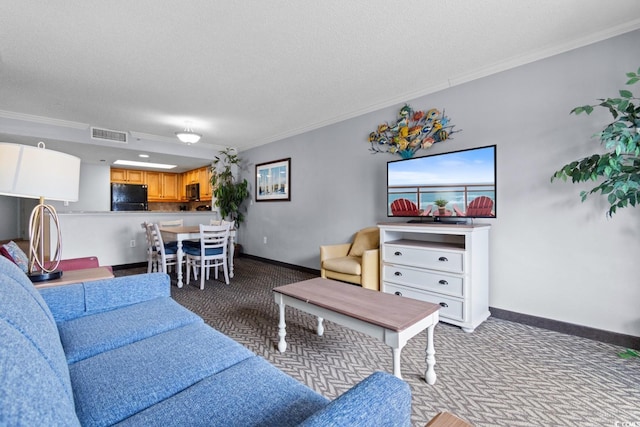 carpeted living room with visible vents, a textured ceiling, crown molding, and baseboards