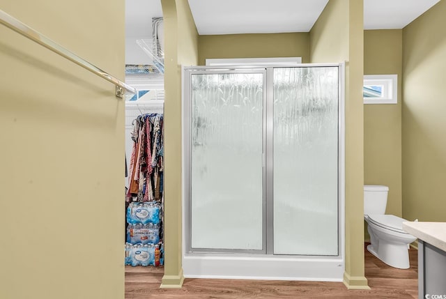 full bathroom featuring toilet, wood finished floors, a spacious closet, vanity, and a shower stall