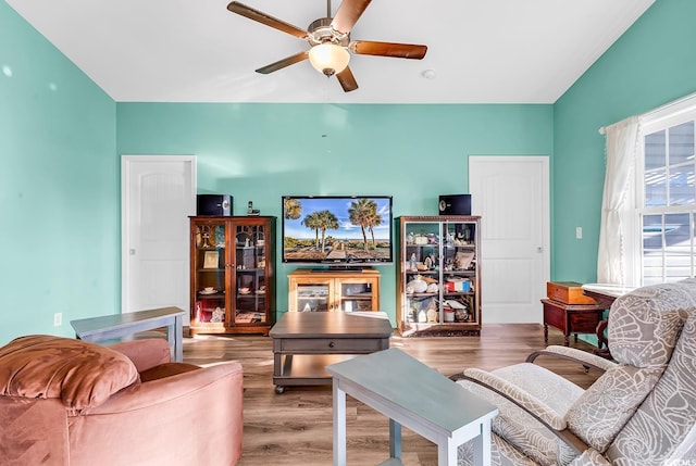 living area featuring a ceiling fan and wood finished floors