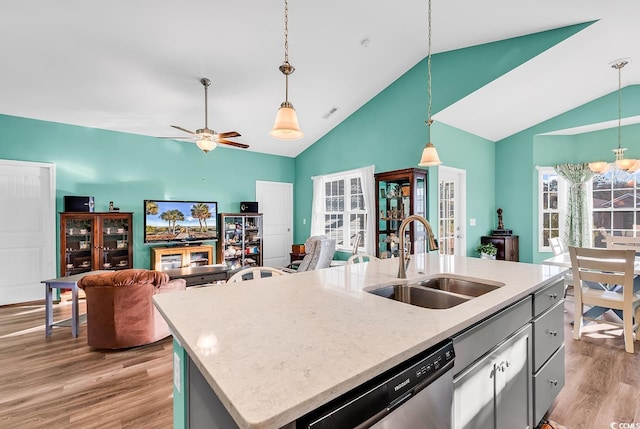 kitchen featuring light wood finished floors, stainless steel dishwasher, open floor plan, and a sink