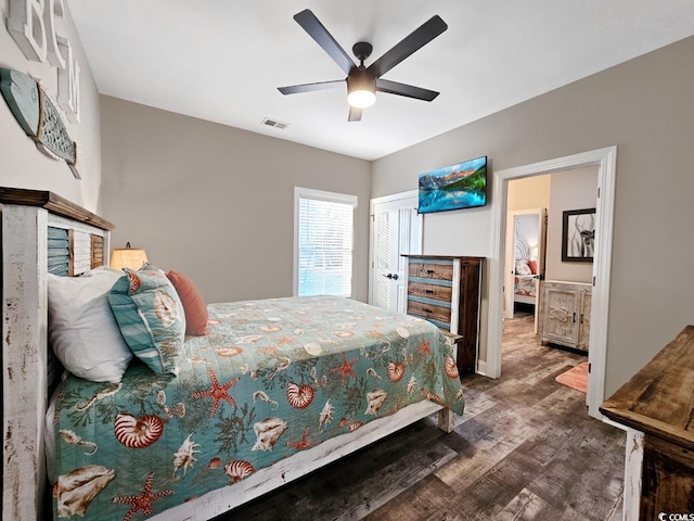 bedroom with visible vents, a closet, a ceiling fan, and wood finished floors