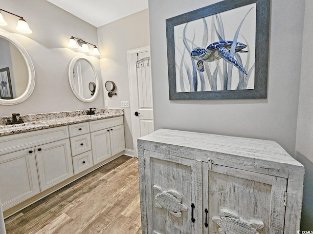 bathroom with double vanity, wood finished floors, and a sink