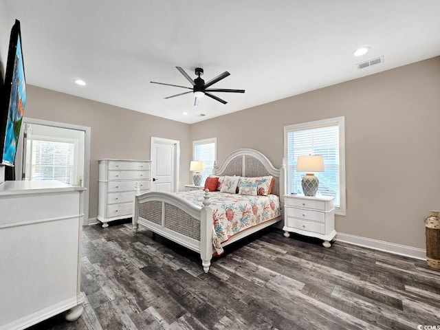 bedroom with multiple windows and dark wood finished floors