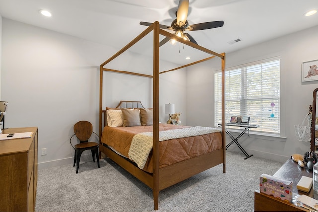 bedroom with recessed lighting, light colored carpet, visible vents, ceiling fan, and baseboards