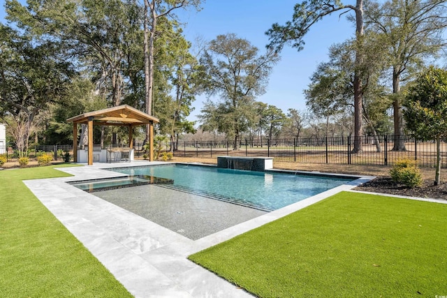 view of pool featuring a gazebo, a lawn, a patio area, and fence