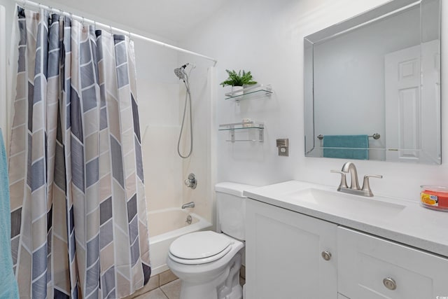 bathroom with vanity, toilet, shower / bath combo, and tile patterned flooring