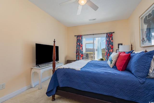 bedroom with baseboards, visible vents, a ceiling fan, access to outside, and carpet flooring