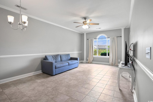 4503 W Harbour Ct Unit S-6, Little River, SC 29566 - unfurnished living room featuring ornamental molding, ceiling fan, baseboards, and a chandelier