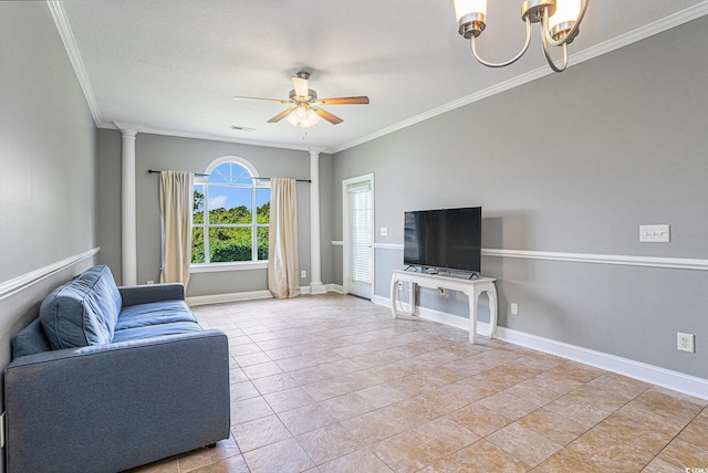 4503 W Harbour Ct Unit S-6, Little River, SC 29566 - living area featuring crown molding, a ceiling fan, decorative columns, baseboards, and a chandelier