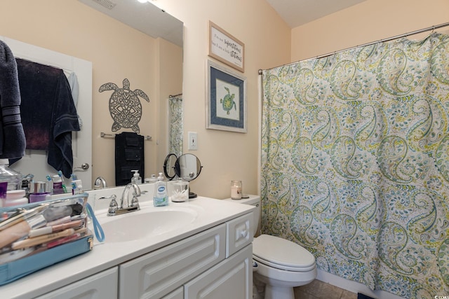 full bathroom with vanity, tile patterned flooring, toilet, and a shower with curtain