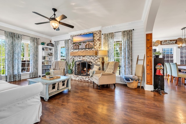 living area with crown molding, ceiling fan with notable chandelier, a fireplace, and wood finished floors