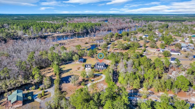 drone / aerial view with a water view and a view of trees