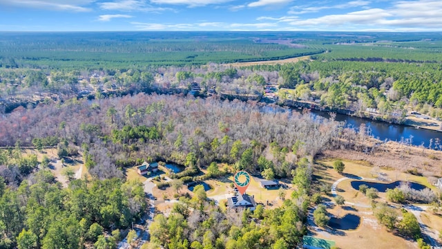 bird's eye view featuring a water view and a view of trees