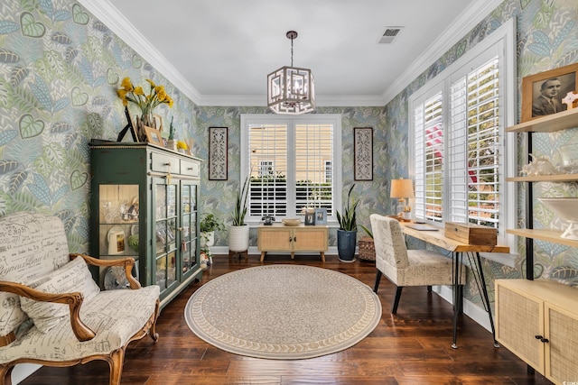 interior space featuring a chandelier, ornamental molding, visible vents, and wallpapered walls