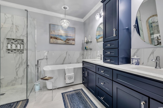 full bathroom featuring a soaking tub, a marble finish shower, ornamental molding, and a sink