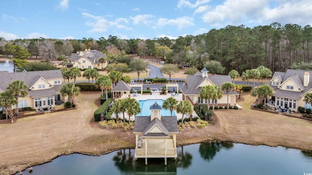 aerial view featuring a water view