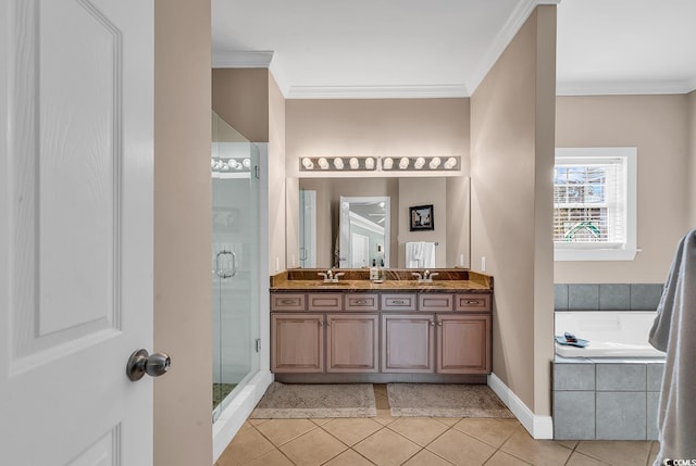 full bathroom featuring a sink, a stall shower, tile patterned flooring, and crown molding