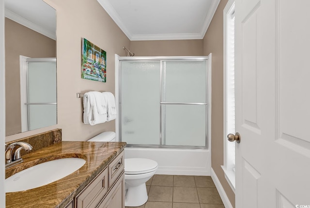 full bath with ornamental molding, tile patterned flooring, and toilet