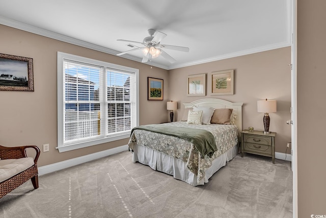 bedroom with baseboards, ornamental molding, ceiling fan, and light colored carpet