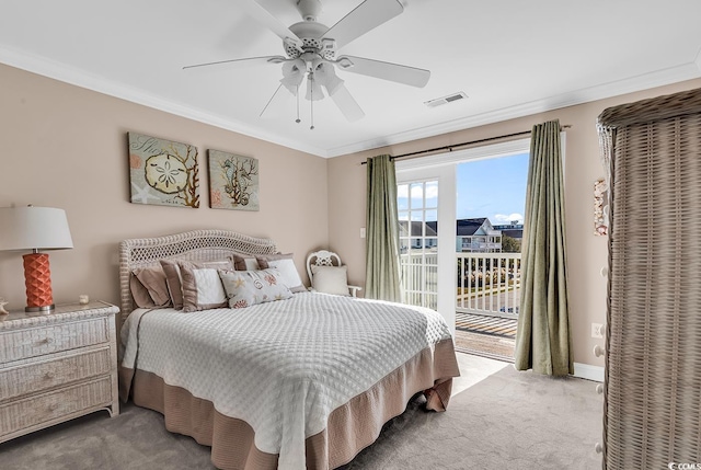 bedroom with light colored carpet, a ceiling fan, visible vents, access to exterior, and crown molding