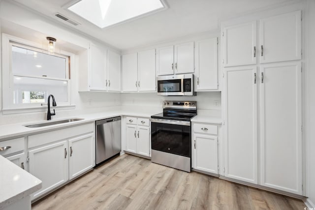 kitchen featuring a skylight, white cabinetry, appliances with stainless steel finishes, and a sink