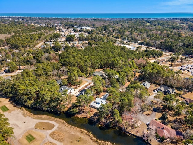 drone / aerial view featuring a water view and a wooded view