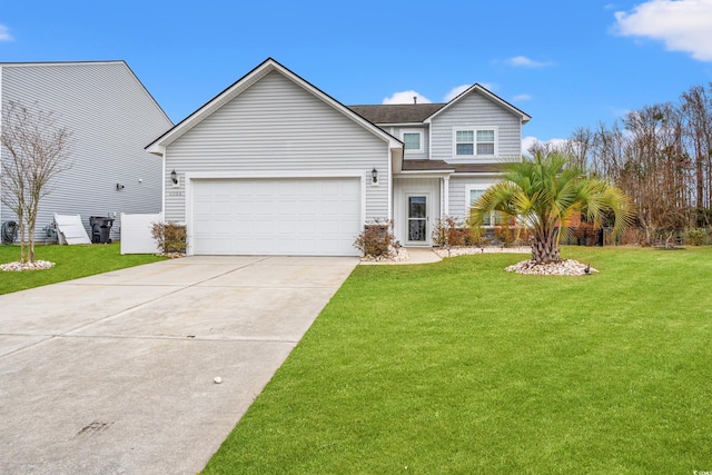 view of front of house with concrete driveway, roof with shingles, an attached garage, a front lawn, and board and batten siding