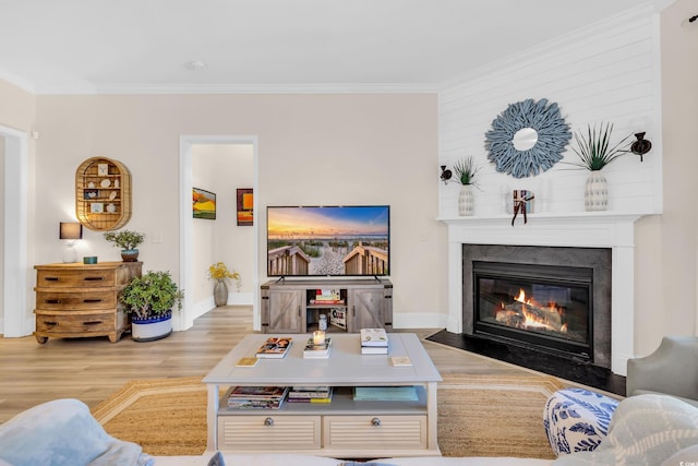 living area featuring wood finished floors, ornamental molding, a fireplace with flush hearth, and baseboards