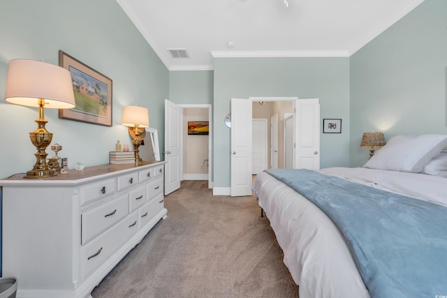 bedroom with light carpet, baseboards, visible vents, and ornamental molding