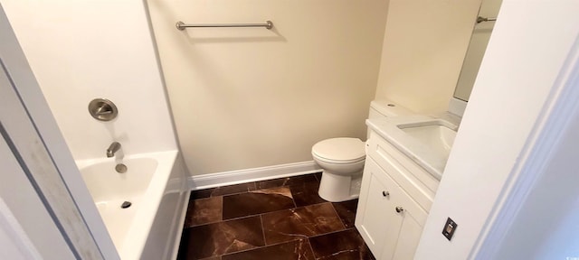 bathroom featuring shower / washtub combination, baseboards, vanity, and toilet