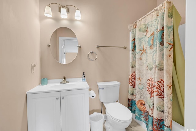 full bath with toilet, tile patterned floors, vanity, and a shower with shower curtain