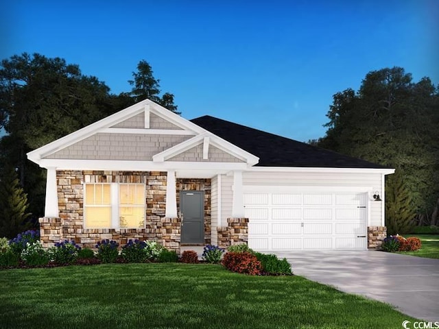 4295 Falls Oaks St, Myrtle Beach, SC 29579 - view of front facade featuring stone siding, a front yard, driveway, and a garage