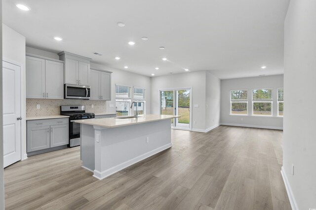 4295 Falls Oaks St, Myrtle Beach, SC 29579 - kitchen with light countertops, tasteful backsplash, gray cabinets, a sink, and appliances with stainless steel finishes