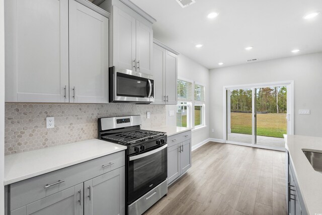 4295 Falls Oaks St, Myrtle Beach, SC 29579 - kitchen featuring light countertops, backsplash, stainless steel appliances, visible vents, and light wood-style floors