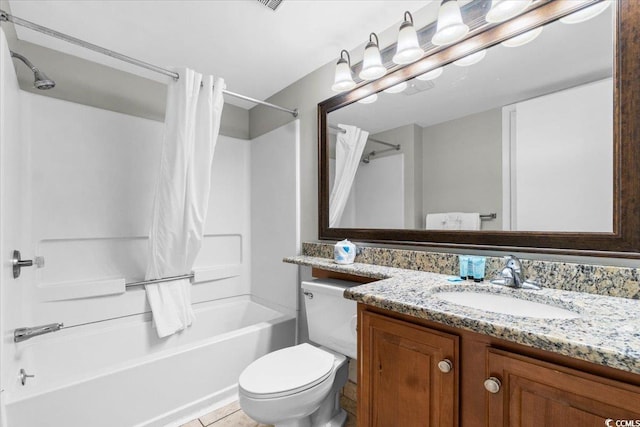 bathroom with toilet, tile patterned flooring, shower / bath combo with shower curtain, and vanity