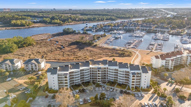 bird's eye view with a water view