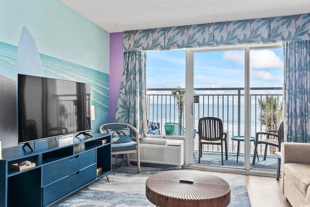 201 S Ocean Blvd Unit 217, Myrtle Beach, SC 29577 - living area with wood finished floors, a textured ceiling, and a wall mounted AC