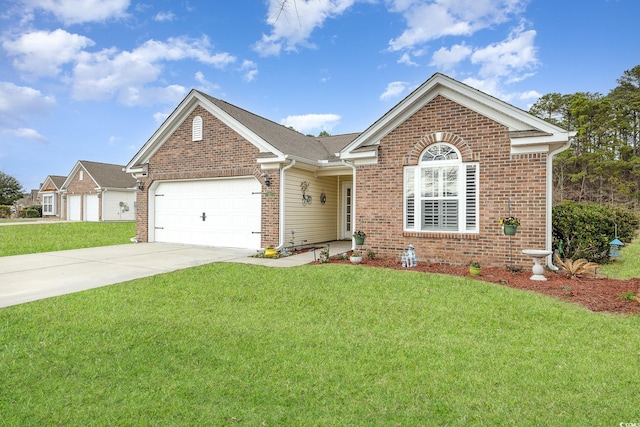 single story home with a front yard, an attached garage, brick siding, and concrete driveway