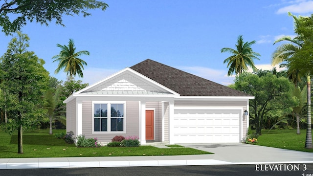 view of front of property with a garage, a shingled roof, concrete driveway, and a front yard